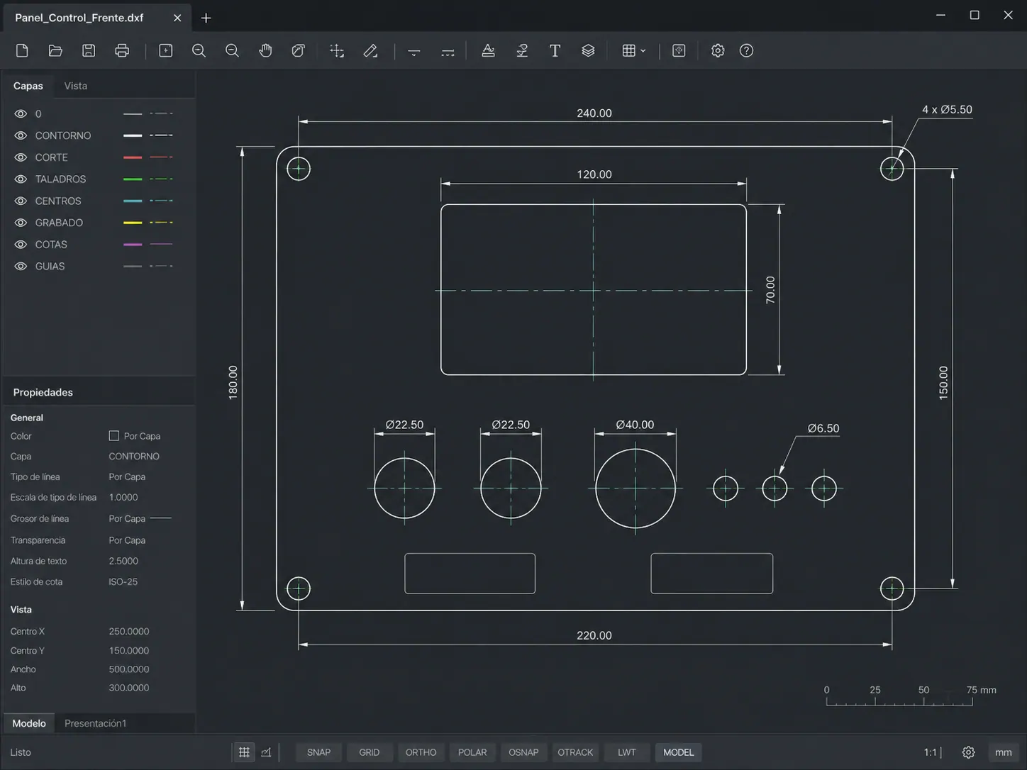 Plano CAD del frente de un panel de control con cotas, taladros y capas de corte y grabado